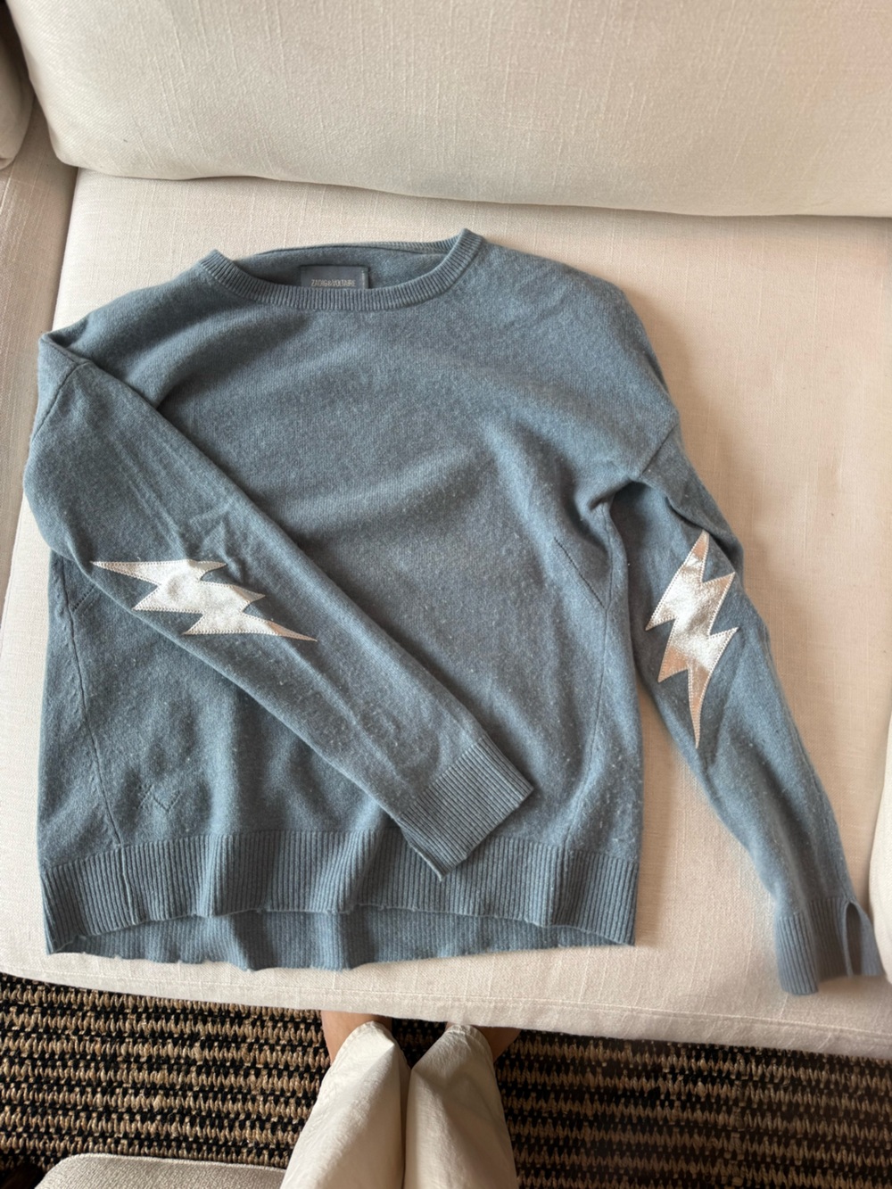 Women’s Crewneck Sweater with Silver Lightning Elbow Patches - Slate Blue